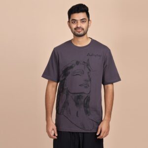 Adiyogi in Charcoal Brush Texture Washed Cotton T Shirt - Dk Grey L